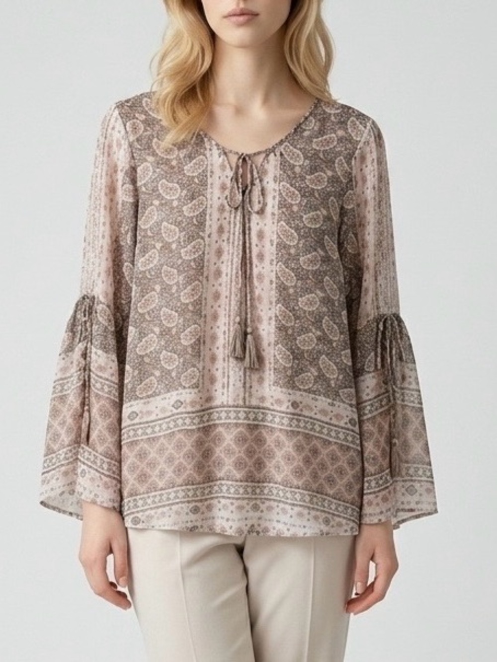 Style & Co. Taupe and Pink Paisley Geo Tie-Front Peasant Tunic